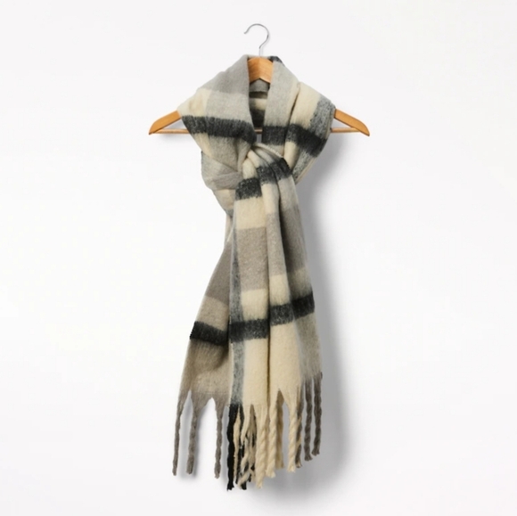 Love & Lore Brushed Fringe Scarf, Greyscale Modern Plaid - Picture 1 of 6